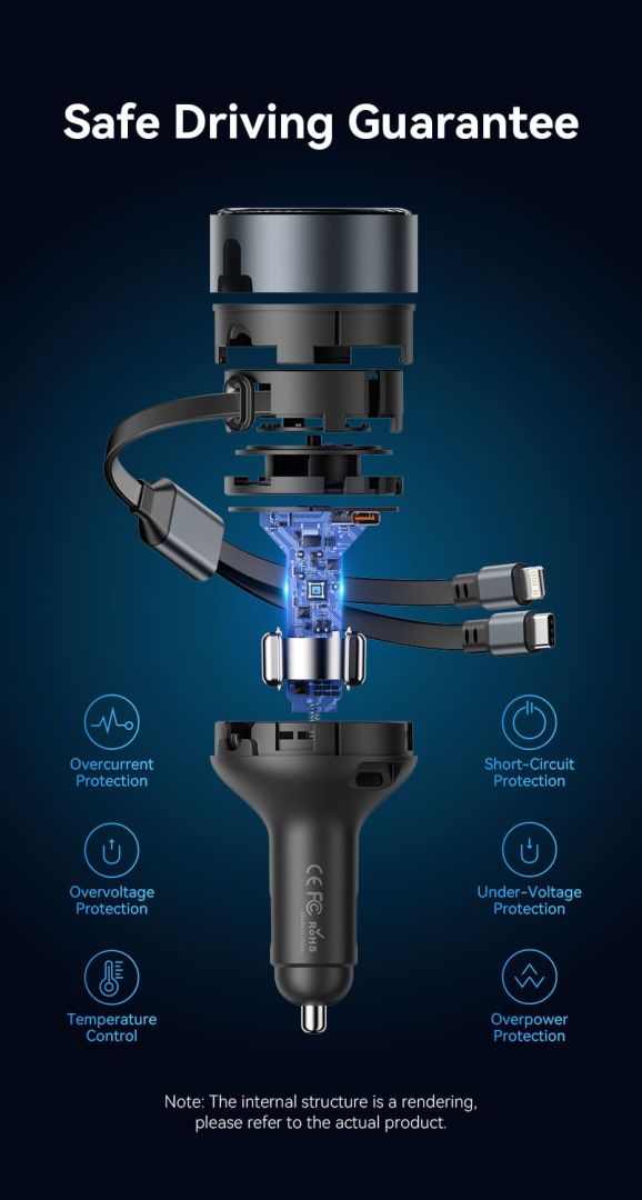 Vention Car Charger with Built-In Cable Black