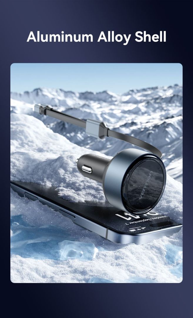 Vention Car Charger with Built-In Cable Black