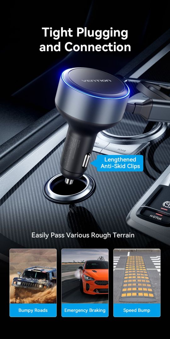 Vention Car Charger with Built-In Cable Black