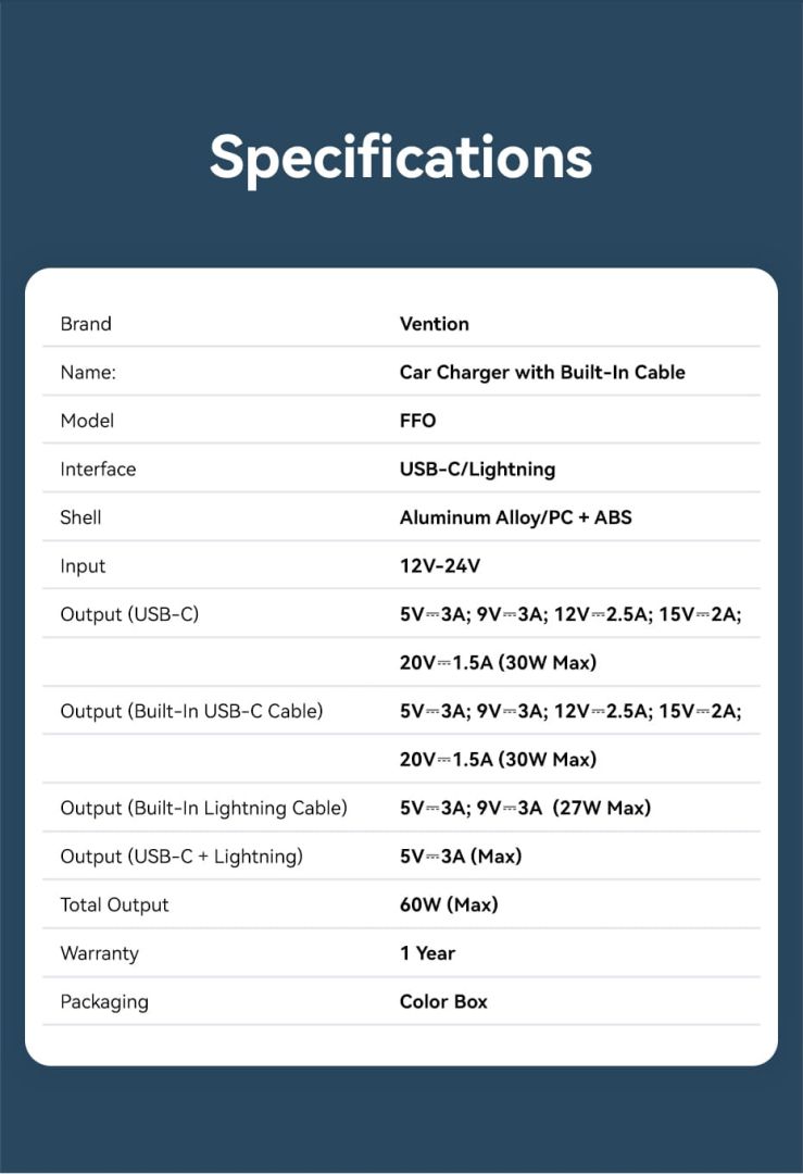 Vention Car Charger with Built-In Cable Black