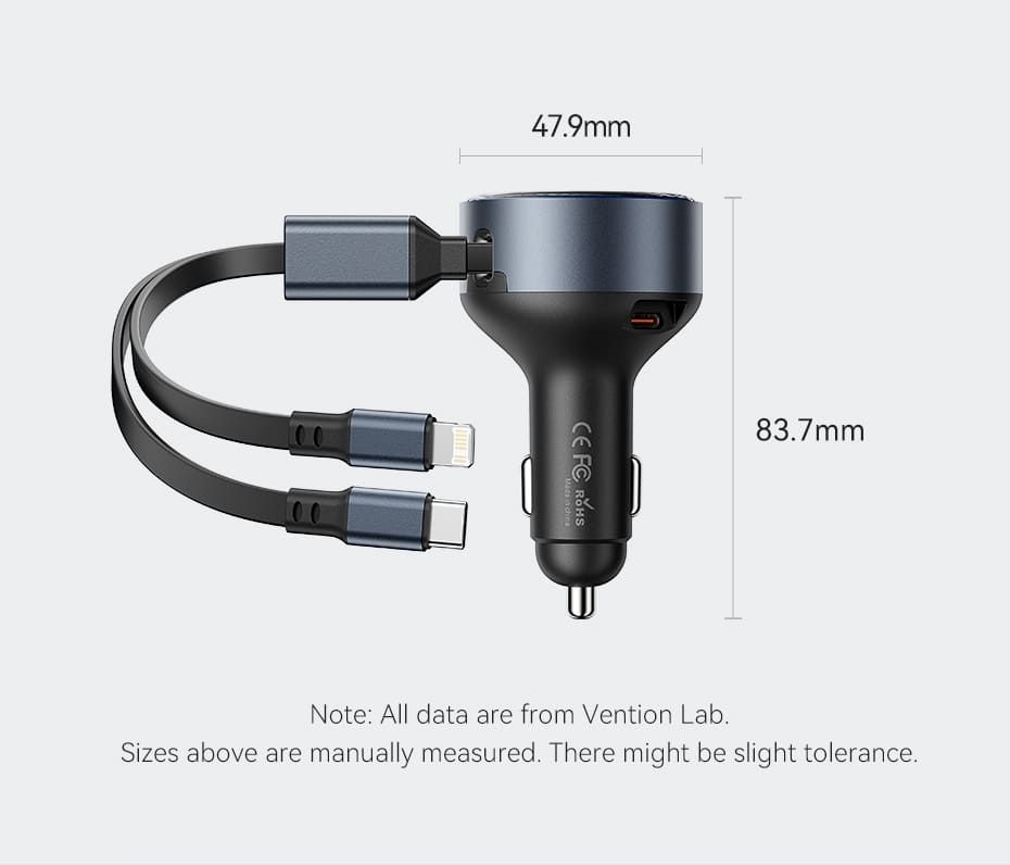 Vention Car Charger with Built-In Cable Black