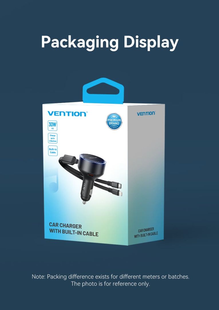 Vention Car Charger with Built-In Cable Black