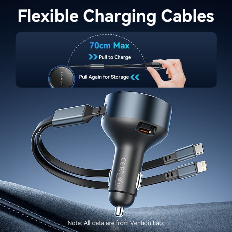 Vention Car Charger with Built-In Cable Black