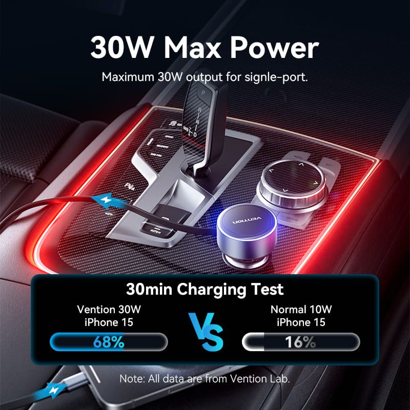 Vention Car Charger with Built-In Cable Black