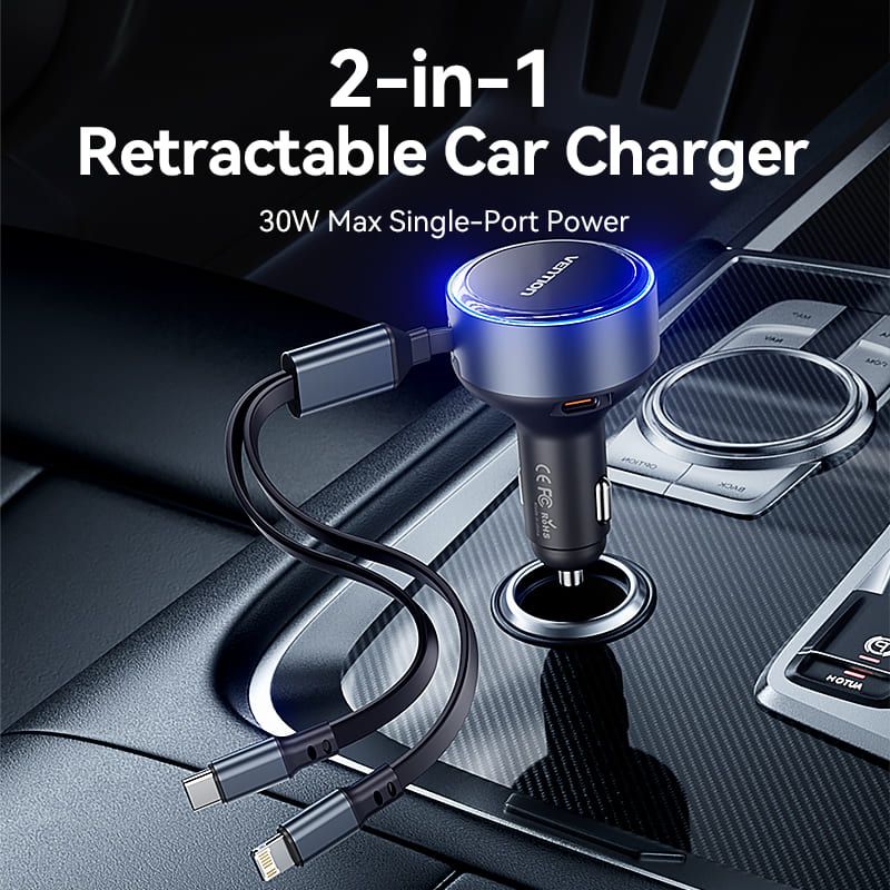 Vention Car Charger with Built-In Cable Black