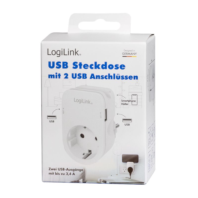 Logilink Socket adapter with holder 1x CEE 7/3 & 2x USB-A
