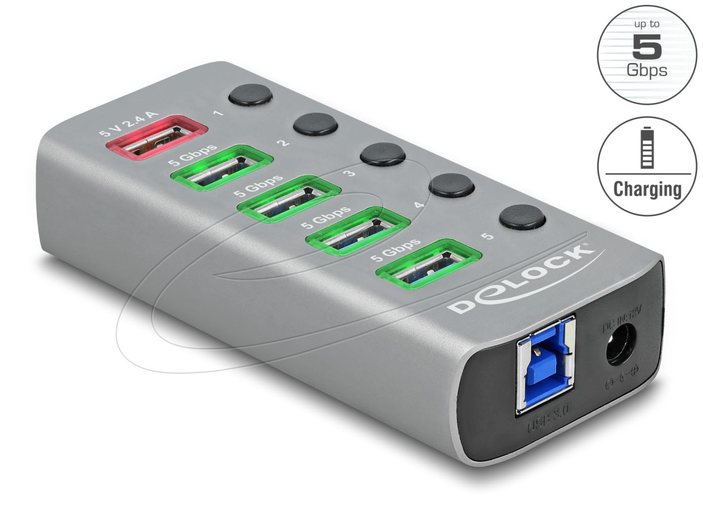 DeLock USB 5 Gbps Hub with 4 Ports + 1 Fast Charging Port with Switch and Illumination