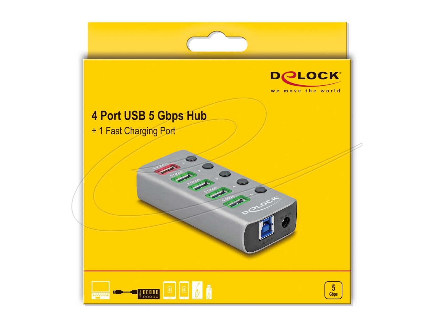 DeLock USB 5 Gbps Hub with 4 Ports + 1 Fast Charging Port with Switch and Illumination