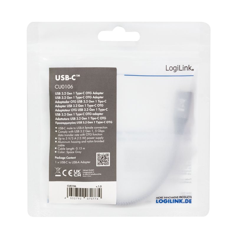 Logilink CU0106 USB 3.2 Gen1 Type-C adapter C/M to USB-A/F OTG 0,15m Dark Grey