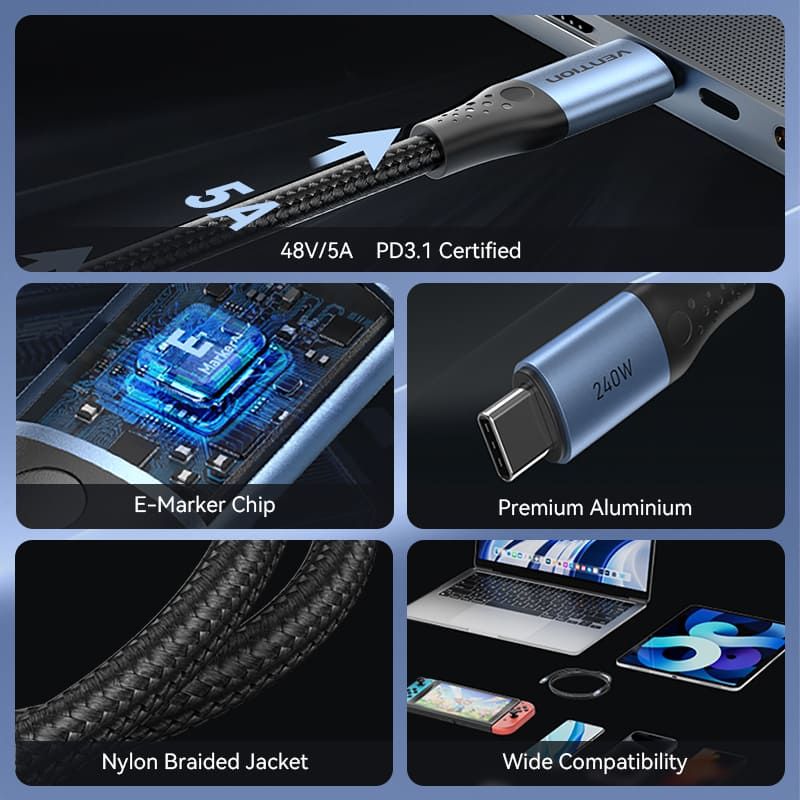 Vention USB 2.0 C Male to C Male 240W Cable 1,5m Black