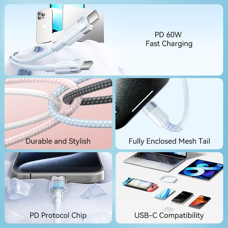 Vention USB 2.0 Type-C Male to Type-C Male 3A Cable 1m White