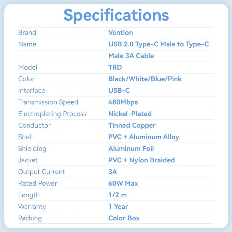 Vention USB 2.0 Type-C Male to Type-C Male 3A Cable 2m Black