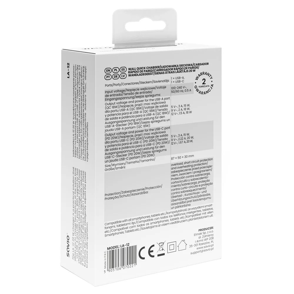 Savio LA-12 Wall quick charger 20W White