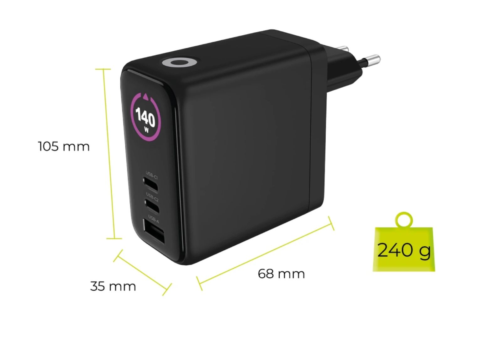 Mobile Origin 140W GaN Display Charger PW21 2x USB-C+USB-A Black