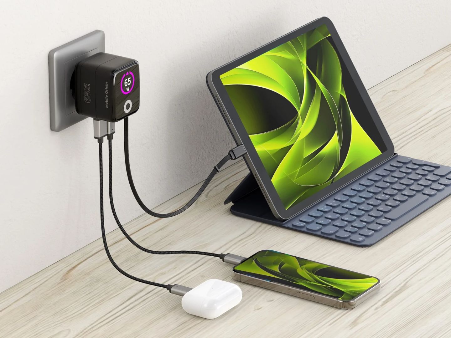 Mobile Origin 65W GaN Display Charger PW3 - USB-C Self-Retracting Cable+USB-C+USB-A Black