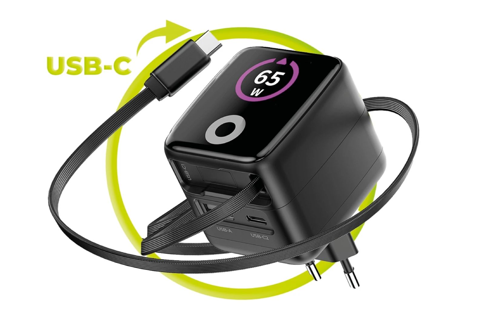 Mobile Origin 65W GaN Display Charger PW3 - USB-C Self-Retracting Cable+USB-C+USB-A Black