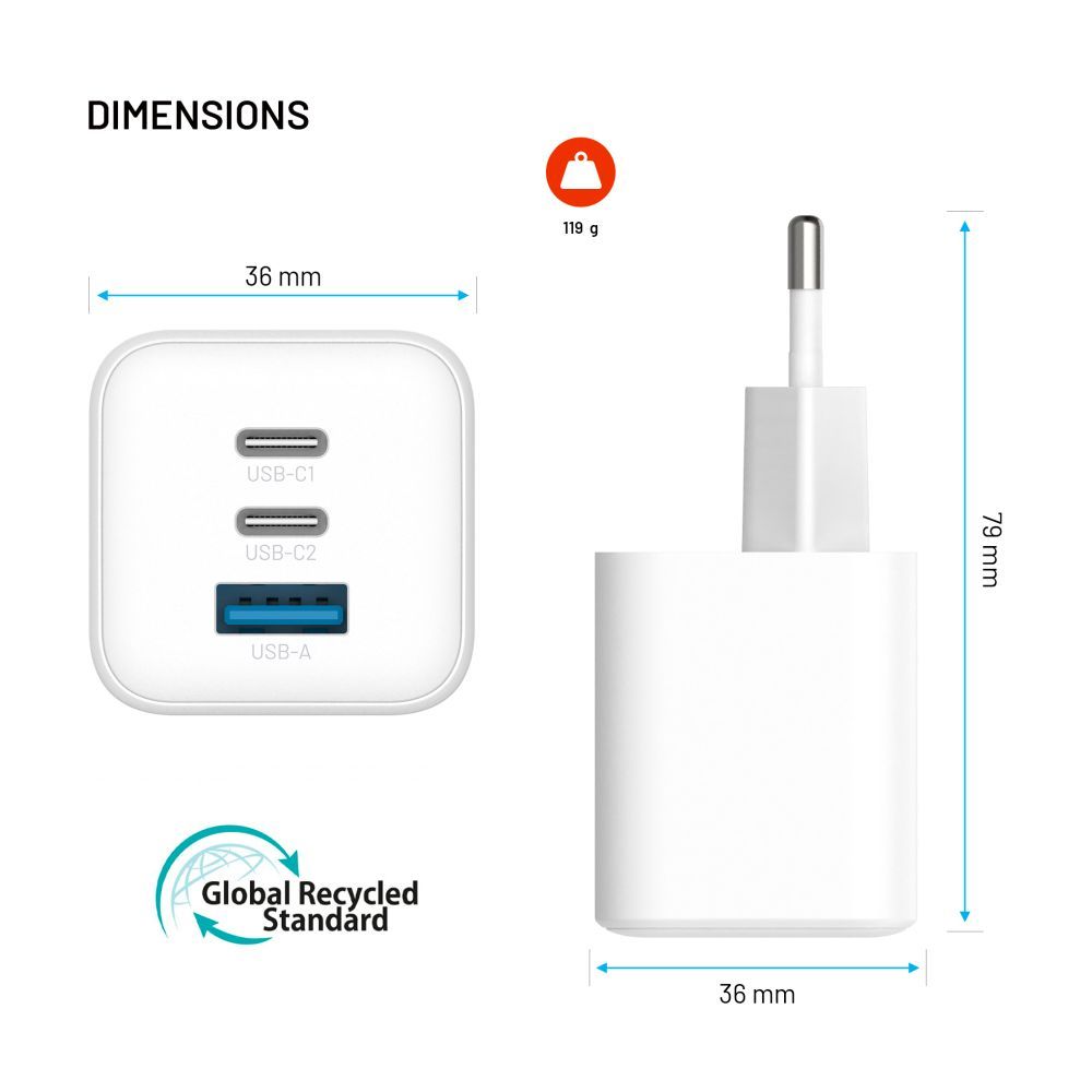FIXED Mini 2x USB-C, USB-A GaN töltő adapter 65W, fehér