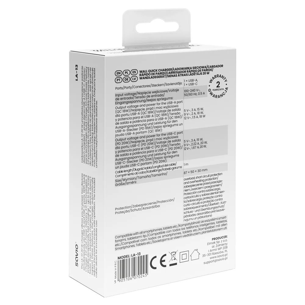 Savio LA-13 Wall quick charger 20W with USB-C cable White