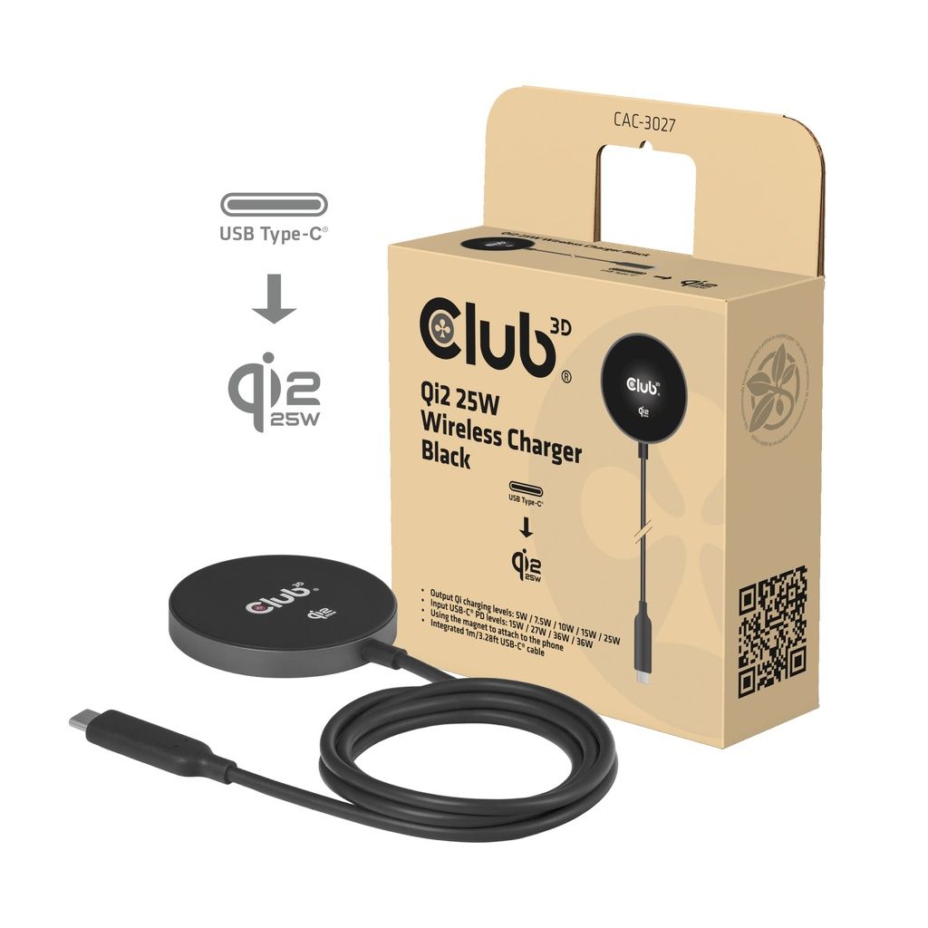 Club3D CAC-3027 Qi2 25W Wireless Charger Qi Certified MagSafe Compatible Magnetic Pad Black