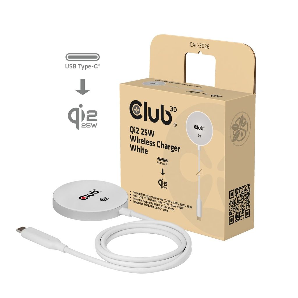 Club3D CAC-3026 Qi2 25W Wireless Charger White Qi Certified MagSafe Compatible Magnetic Pad White