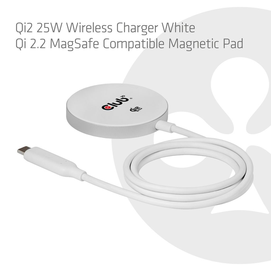 Club3D CAC-3026 Qi2 25W Wireless Charger White Qi Certified MagSafe Compatible Magnetic Pad White