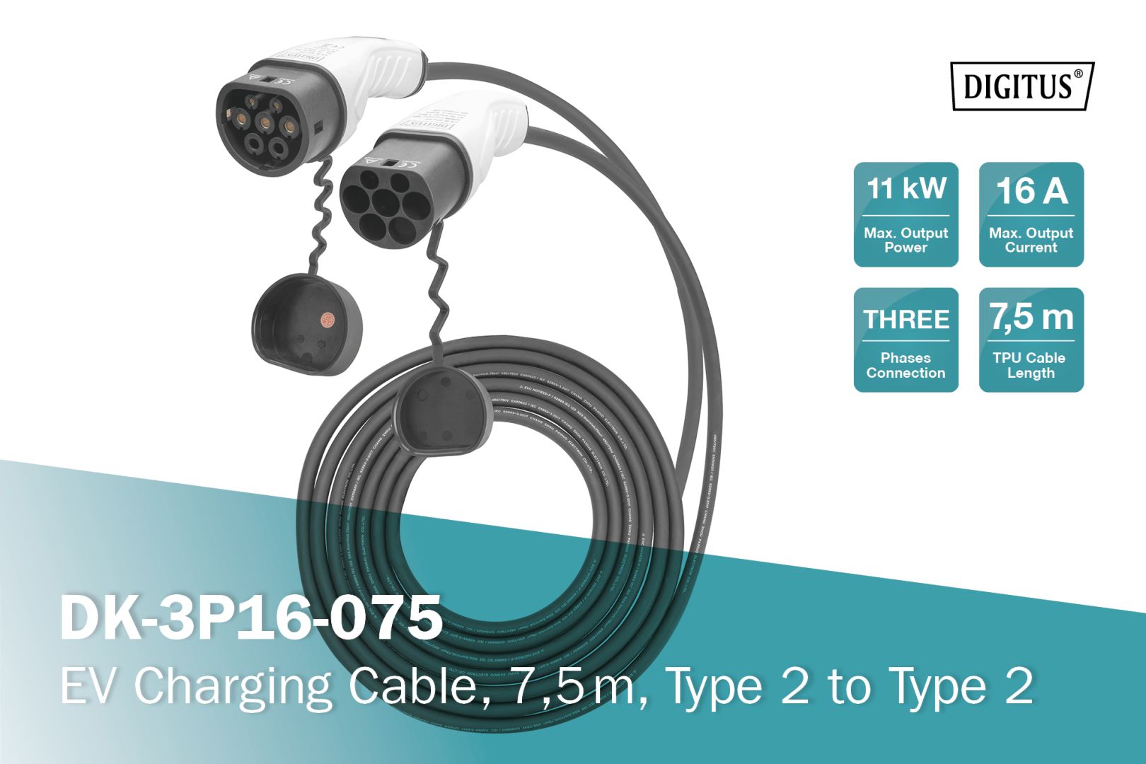 Digitus EV charging cable Type 2 to Type 2 7,5m Black