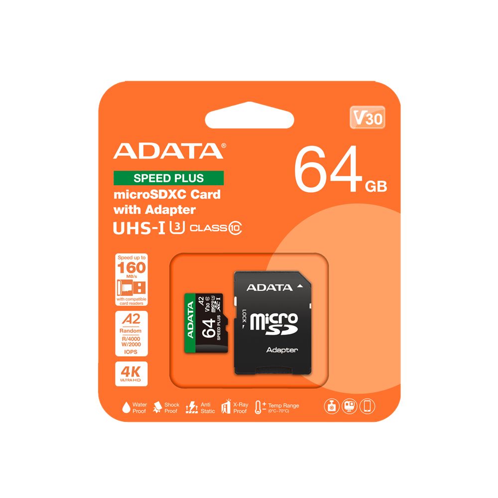 A-Data 64GB microSDXC Speed Plus Class 10 UHS-I U3 V30 + adapterrel