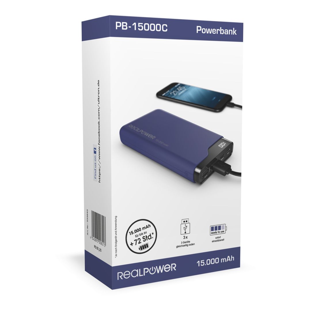 Realpower PB-15000C Startseite 15000mAh PowerBank Navy Blue