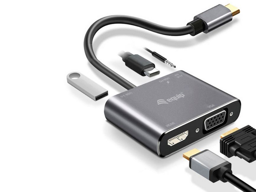 EQuip USB-C 5 in 1 Multifunctional Adapter, HDMI, VGA (HD15), PD 100W, USB3.0, AUX