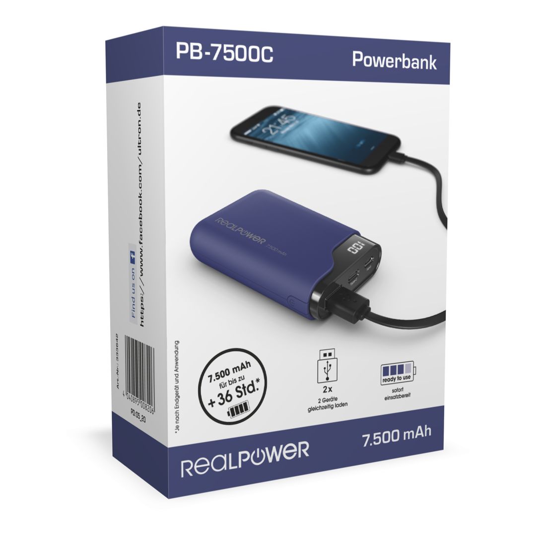 Realpower PB-7500C 7500mAh PowerBank Navy Blue