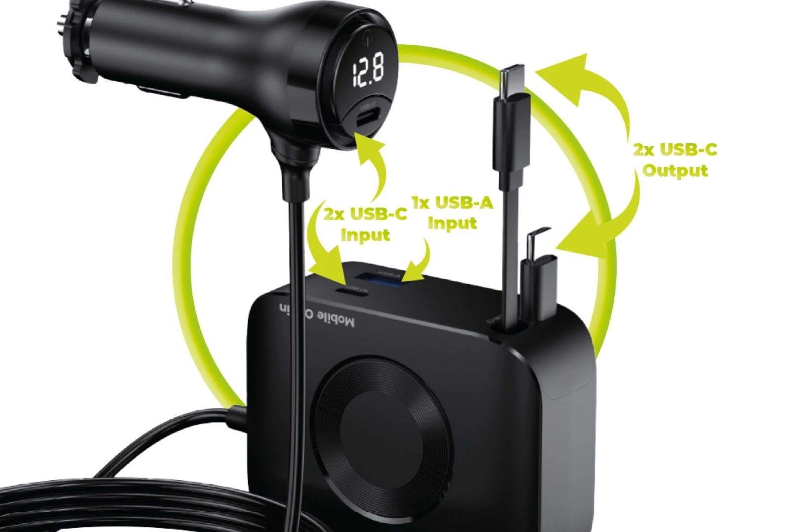 Mobile Origin 75W 5in1 Car Charger CA23 - 2x USB-C + USB-A Port, 2x USB-C cable Black