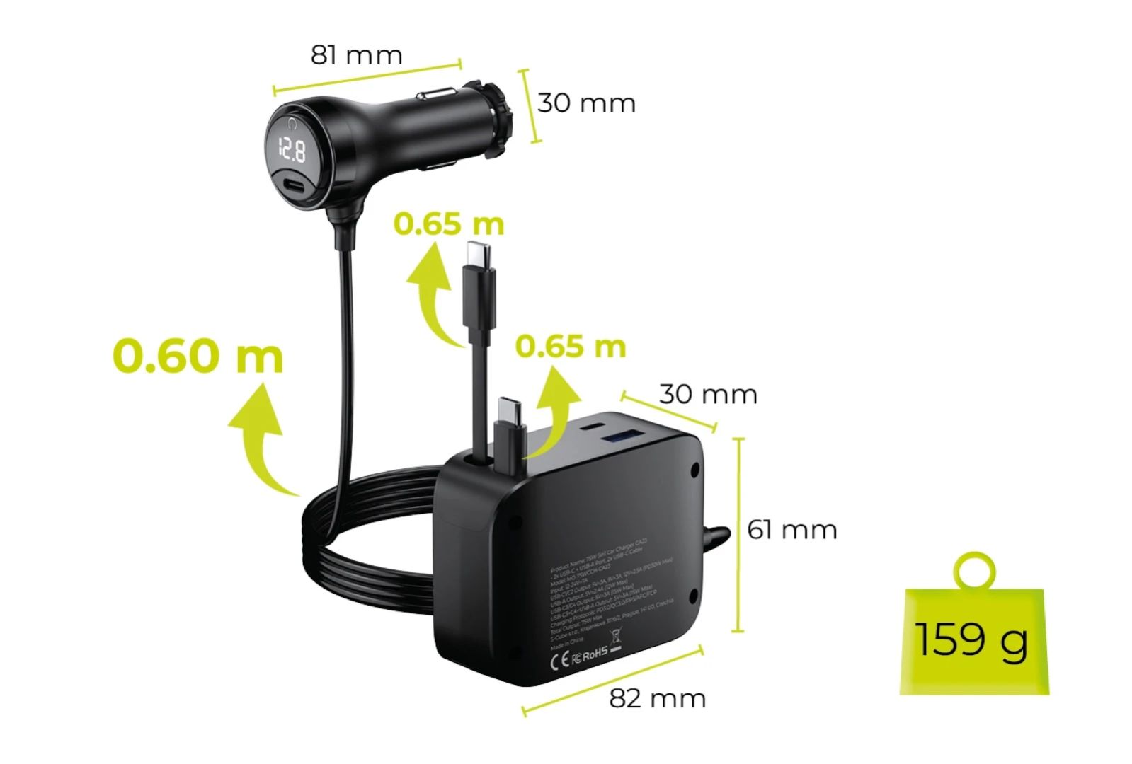 Mobile Origin 75W 5in1 Car Charger CA23 - 2x USB-C + USB-A Port, 2x USB-C cable Black