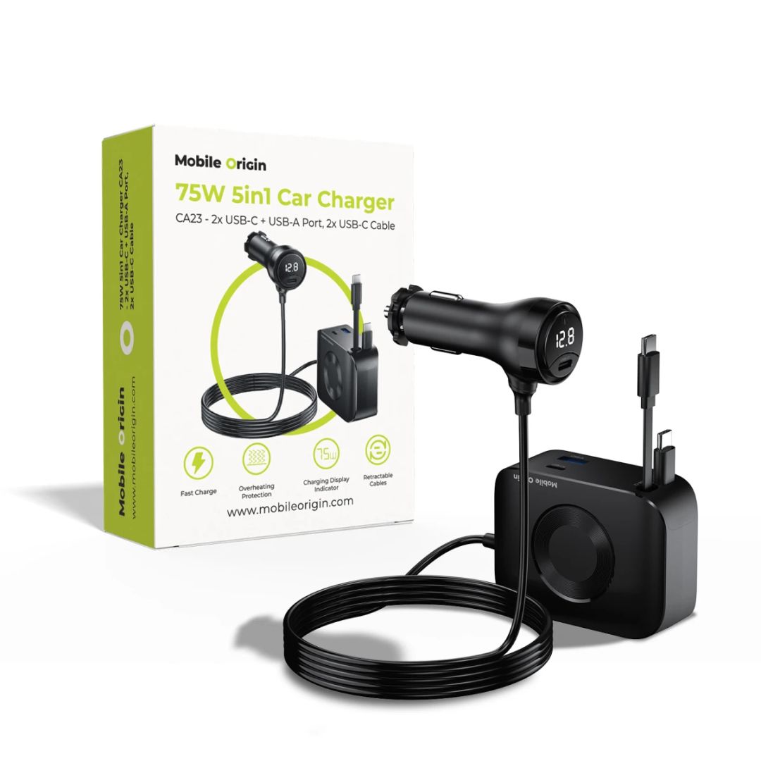 Mobile Origin 75W 5in1 Car Charger CA23 - 2x USB-C + USB-A Port, 2x USB-C cable Black