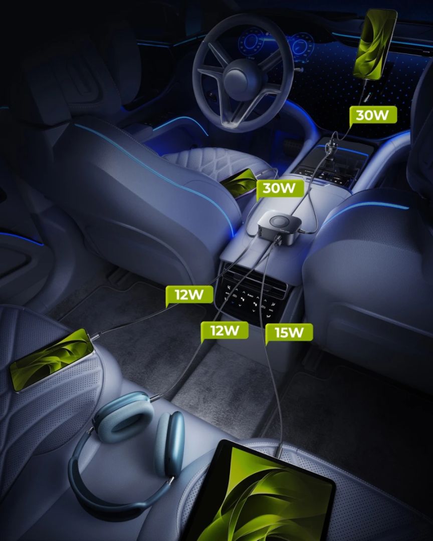 Mobile Origin 75W 5in1 Car Charger CA23 - 2x USB-C + USB-A Port, 2x USB-C cable Black