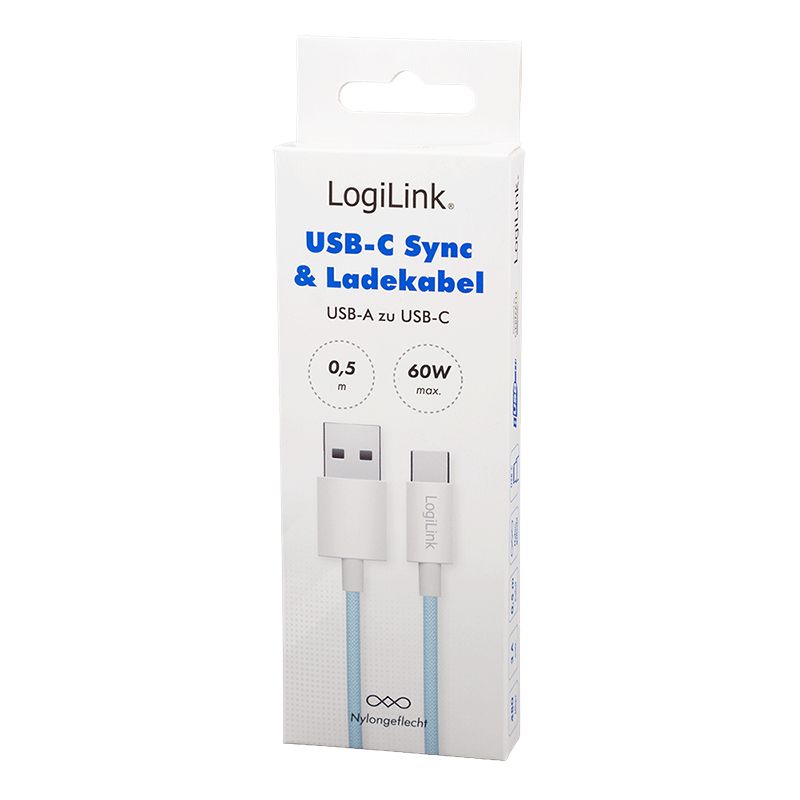 Logilink USB 2.0 C/M - A/M 60W cable 0,5m Blue