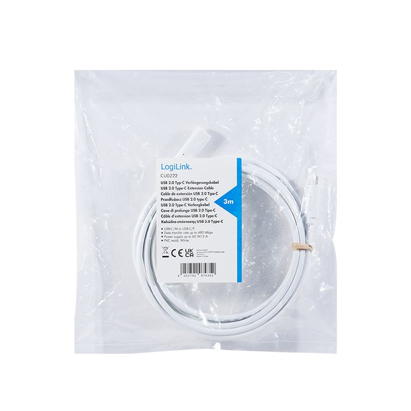Logilink USB 2.0 C/M-USB-C/F PD cable 3m White