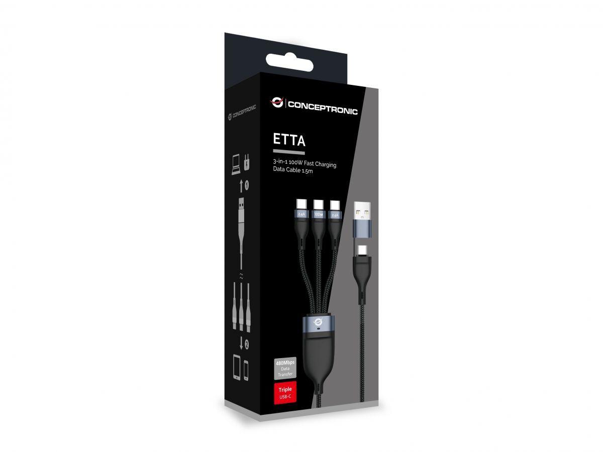 Conceptronic  ETTA06B15C 3-in-1 100W Fast Charging Data Cable Black