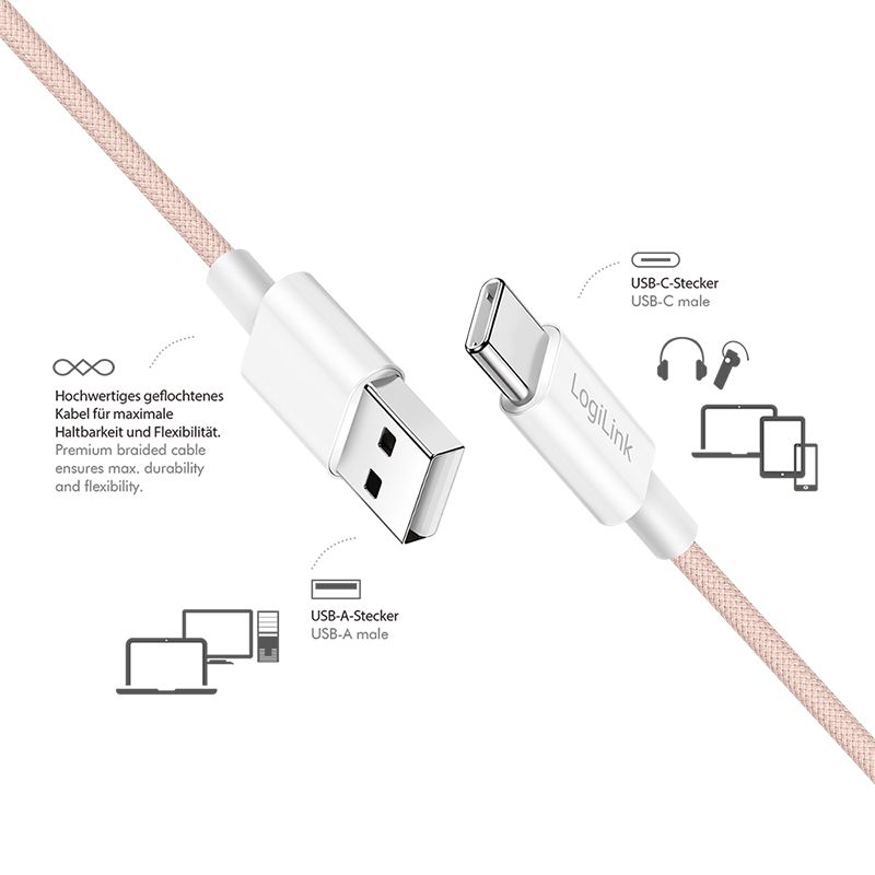 Logilink USB 2.0 Type-C C/M - A/M 60W cable 1m Pink