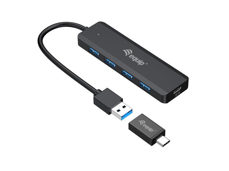 EQuip 4-Port USB 3.2 Gen 1 Hub with USB-C Adapter Black