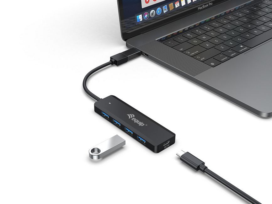 EQuip 4-Port USB 3.2 Gen 1 Hub with USB-C Adapter Black