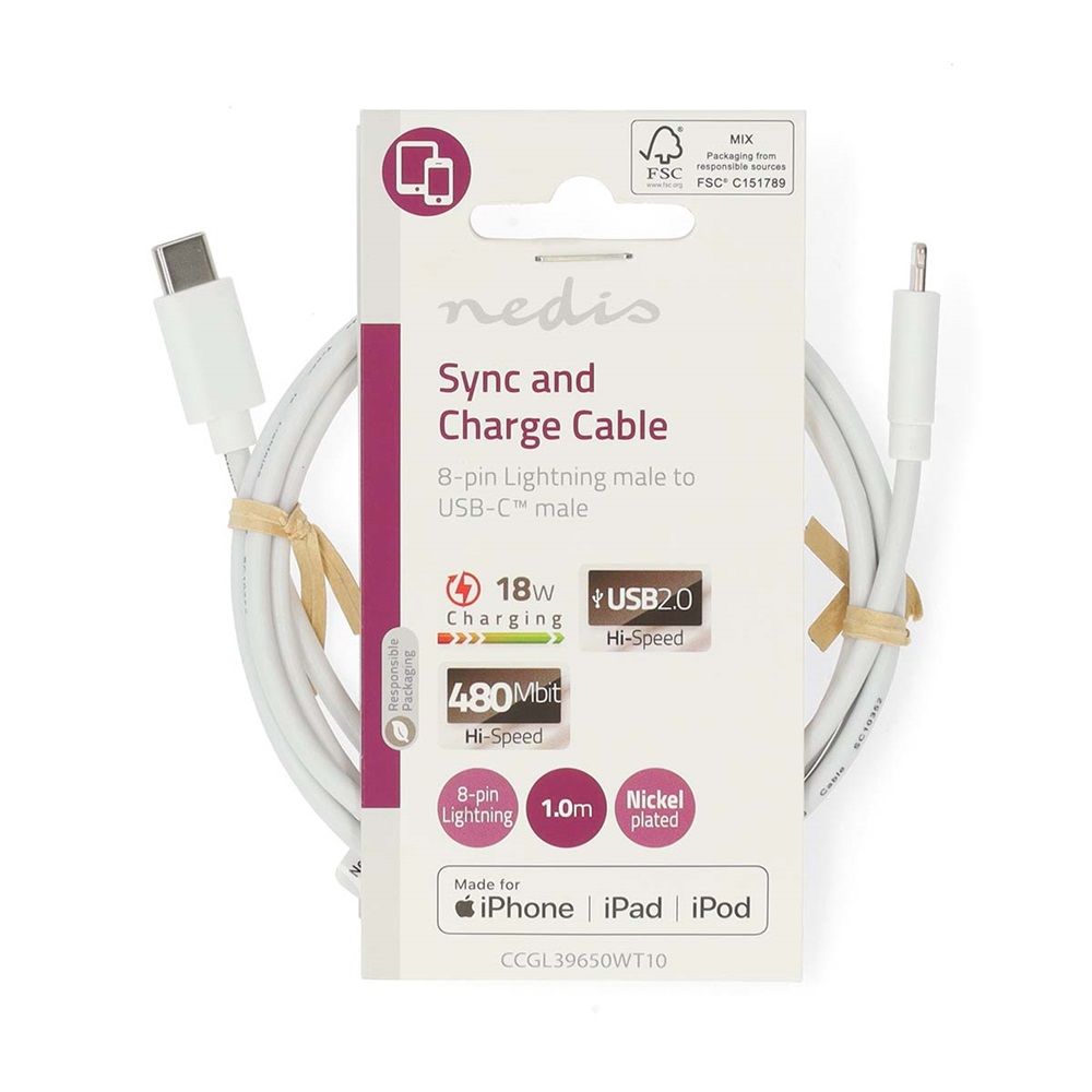Nedis USB-C to Lightning Cable 1m White