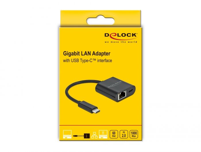 DeLock USB Type-C Adapter to Gigabit LAN 10/100/1000 Mbps with Power Delivery port Black