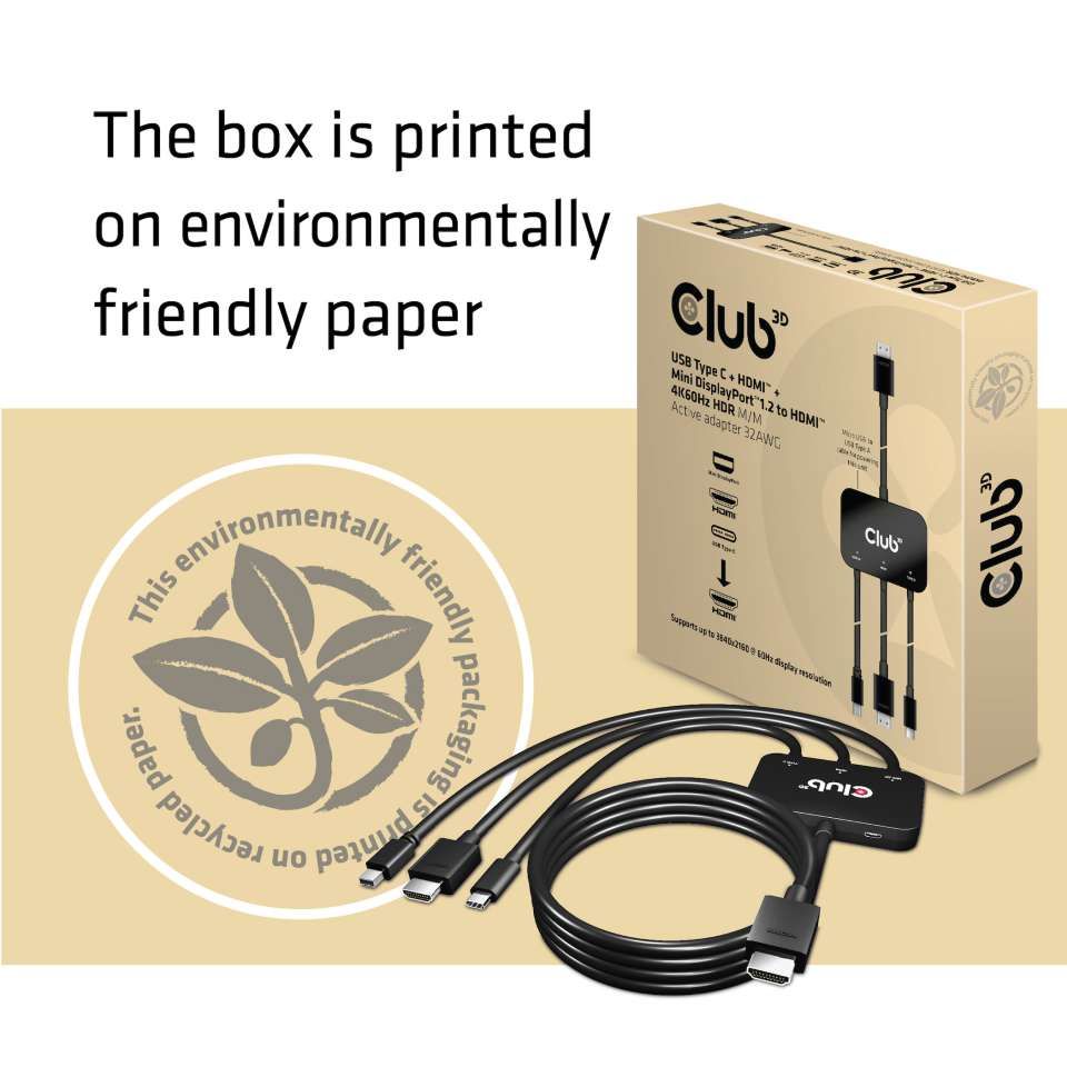 Club3D USB Type C + HDMI + MiniDisplayPort 1.2 to HDMI 4K60Hz HDR M/M Active Adapter Black