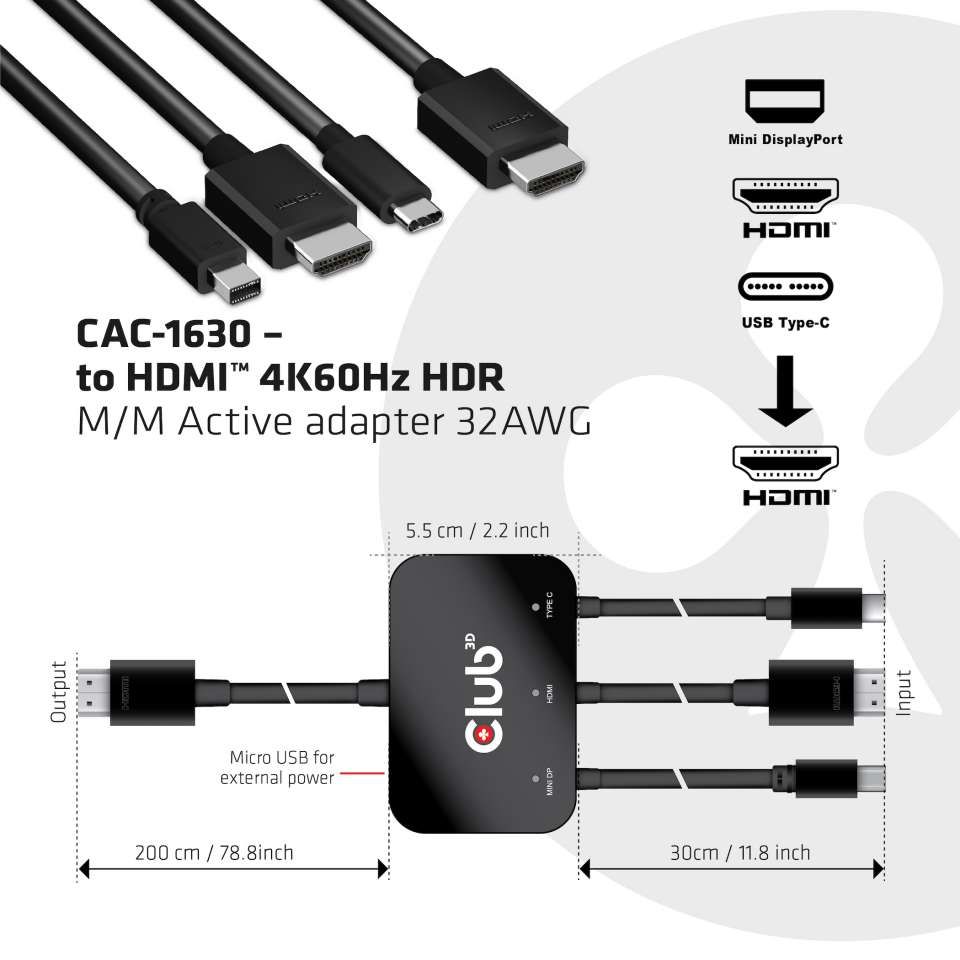Club3D USB Type C + HDMI + MiniDisplayPort 1.2 to HDMI 4K60Hz HDR M/M Active Adapter Black