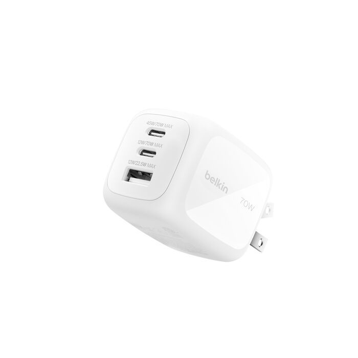 Belkin 3-Port GaN Wall Charger 70W+Travel Adapter Kit White