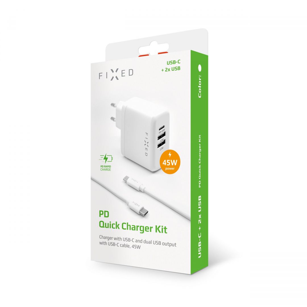 FIXED Hálózati USB töltő szett USB-C és 2xUSB kimenet, USB-C/USB-C kábel 1 méter, PD támogatás 45W, fehérr