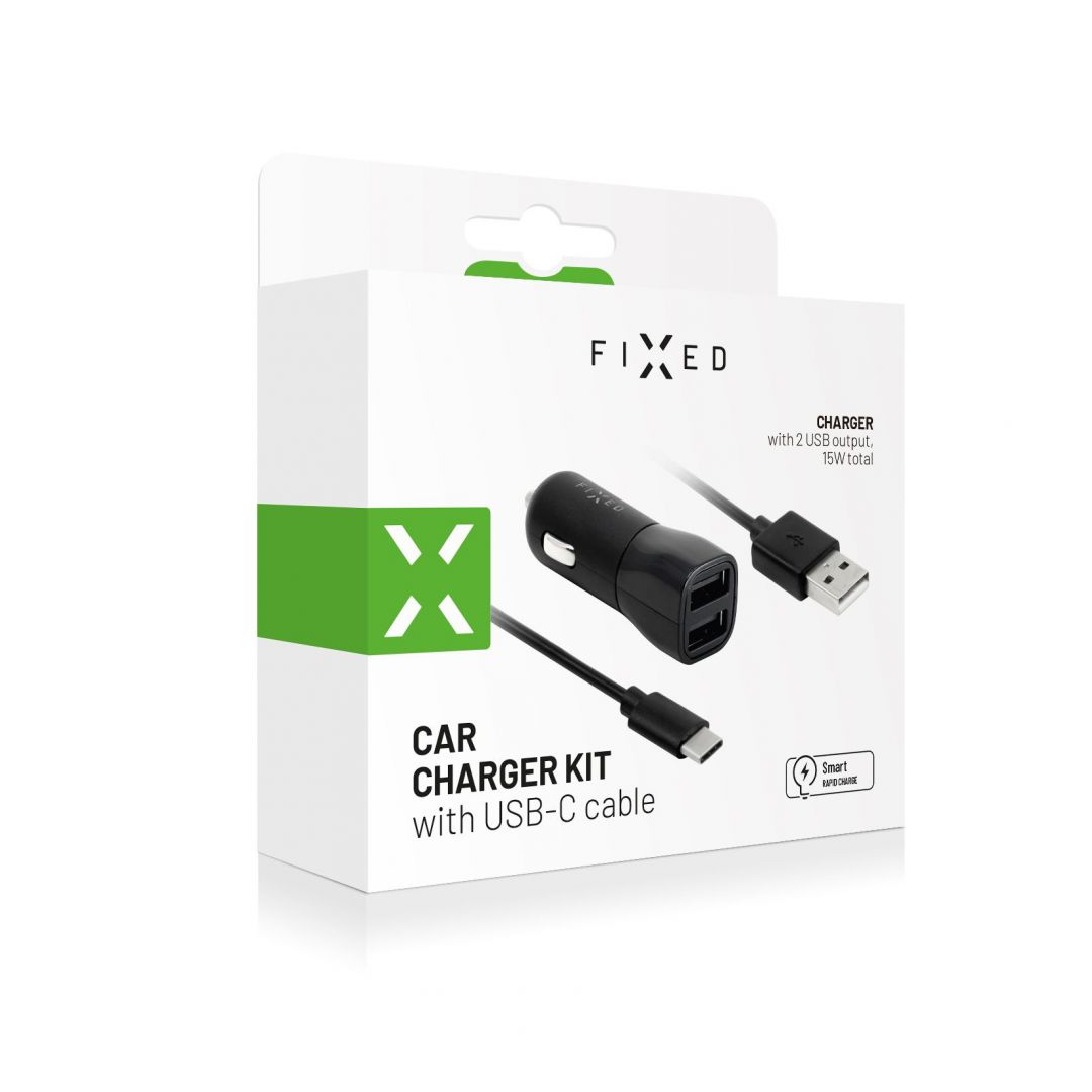 FIXED Autós töltő készlet, 2xUSB kimenettel, USB/USB-C kábel, 1 méter, 15W Smart gyors töltés, Fekete