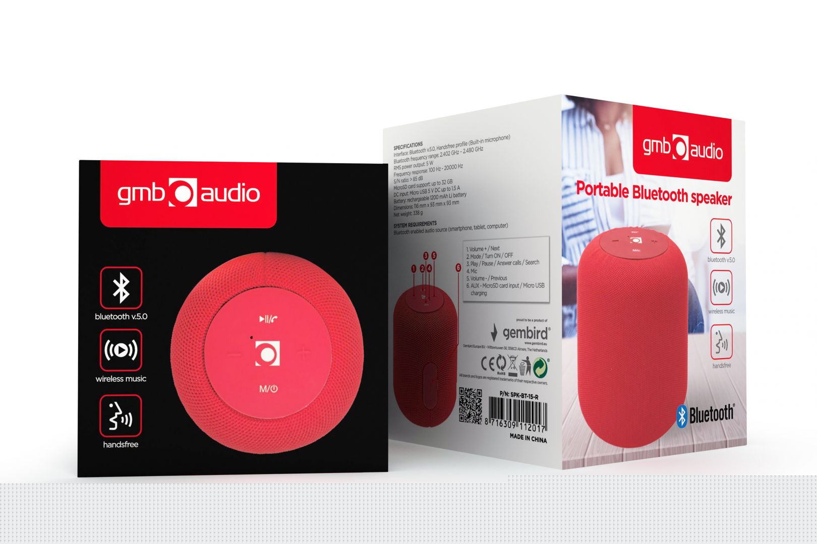 Gembird SPK-BT-15-R Portable Bluetooth Speaker Red