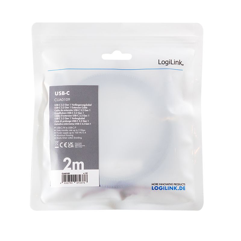 Logilink USB 3.2 Gen1 Type-C cable M/F 2m Black/Grey