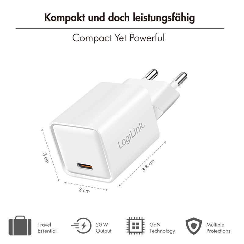 Logilink USB-C socket adapter 20W (PD+QC 3.0) White